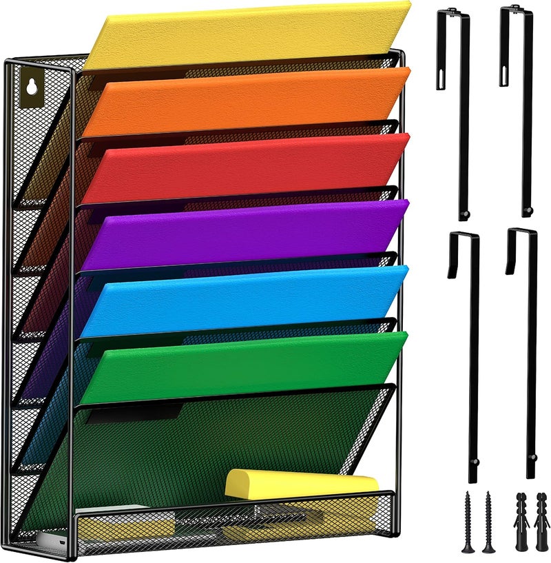 MINDEPOT 7-Tier Wall Hanging File Organizer Cubicle Hanging Organizer Mount File Holder, Mesh Magazine Document Mail Organizer Wall Organizer for Office School Home, Black - Image 1